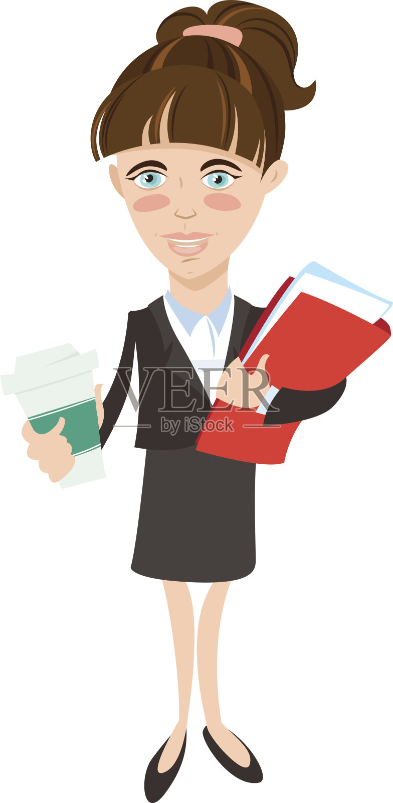 拿着文件夹和咖啡的女商人。平的风格插画图片素材