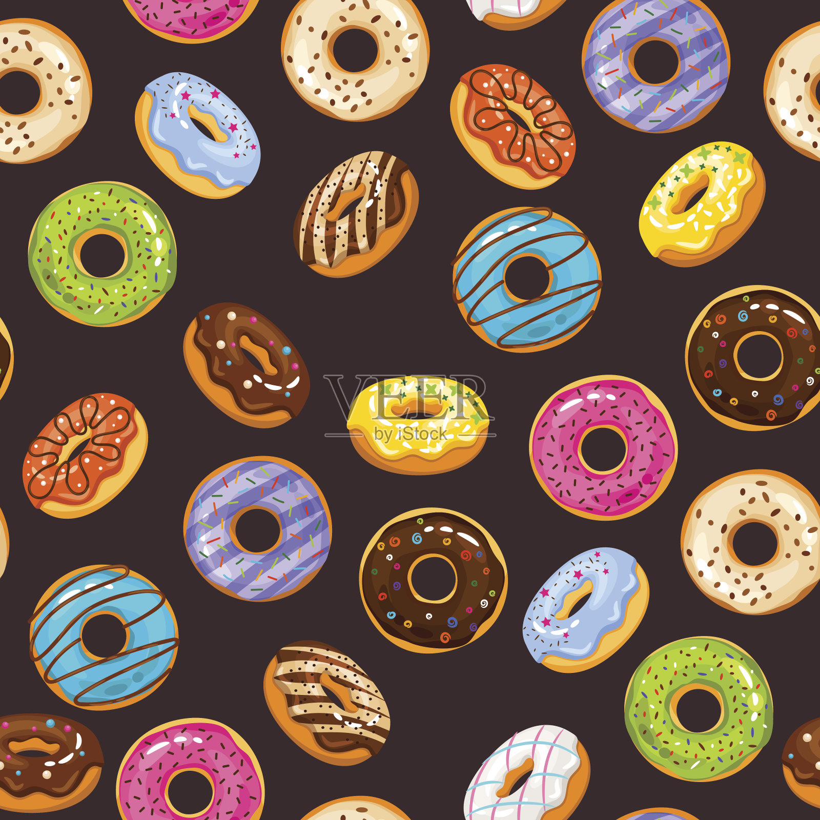 矢量无缝图案与彩色釉和洒甜甜圈插画图片素材