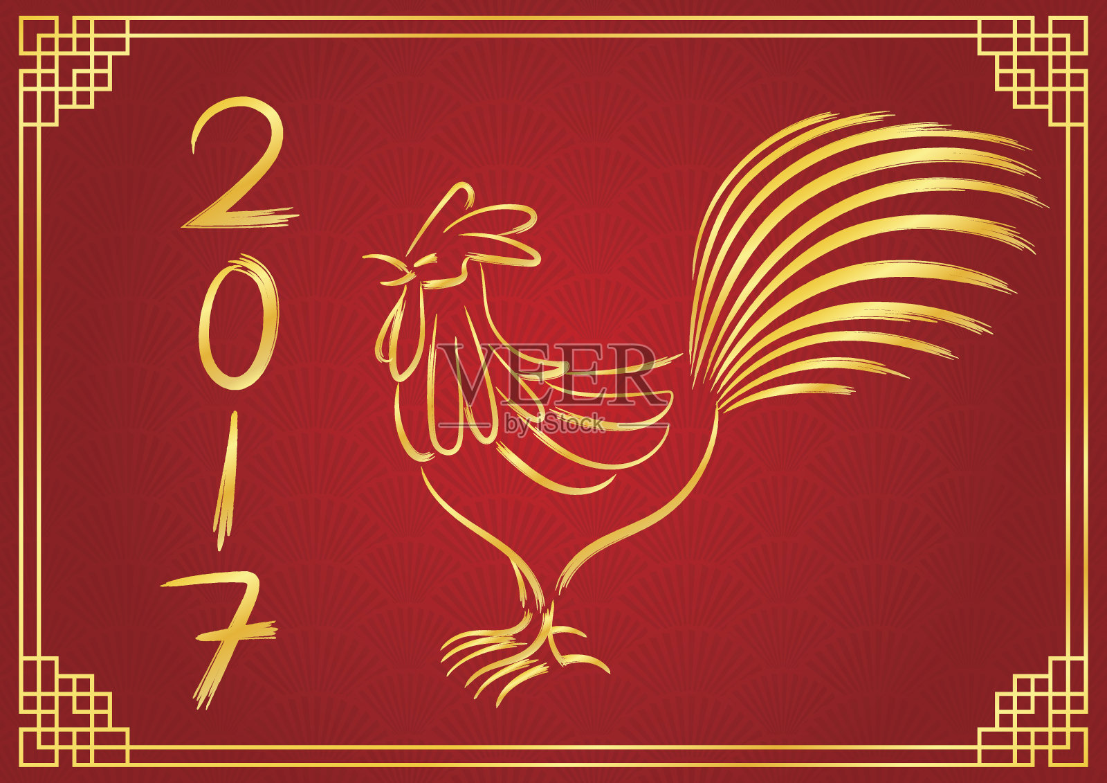 红色背景上的金色鸡年新年插画图片素材