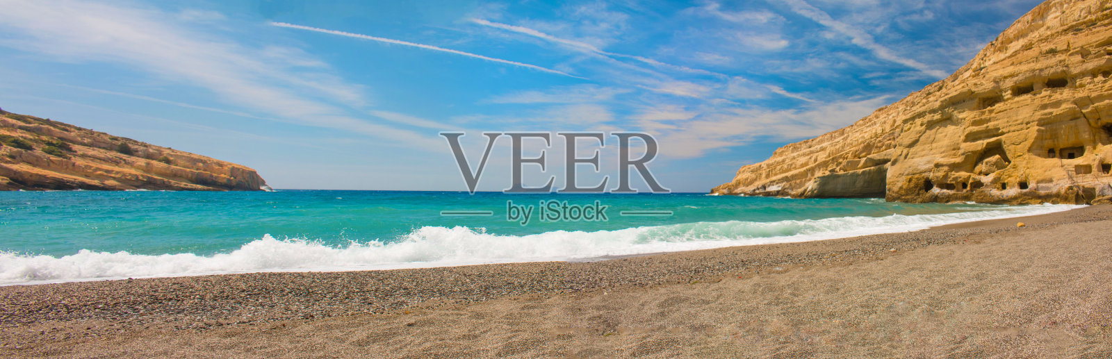 马塔拉海滩，洞穴和大海照片摄影图片