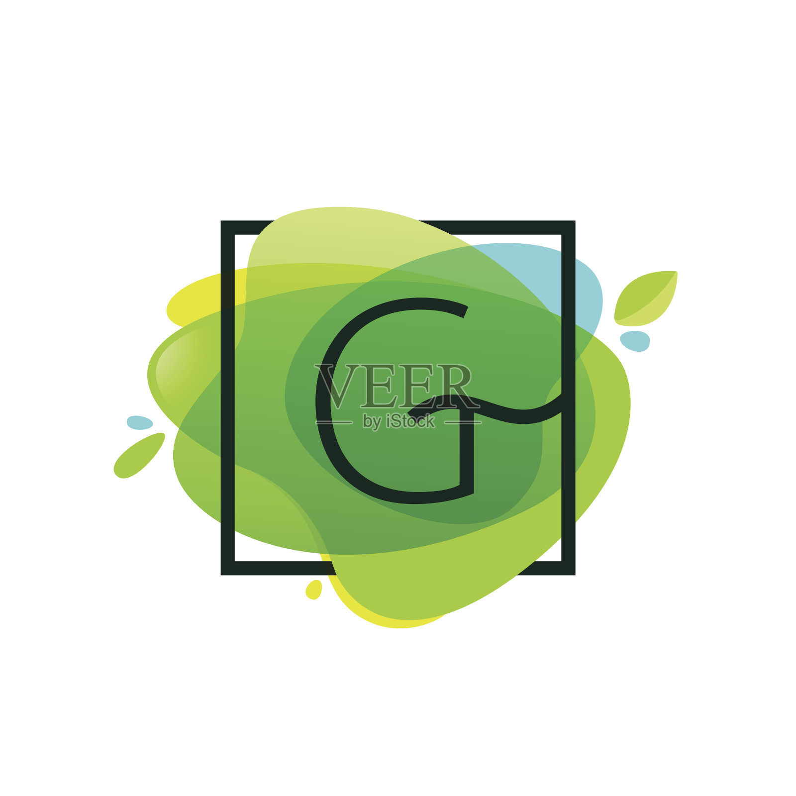 G字母图标在绿色水彩飞溅的方形框架插画图片素材