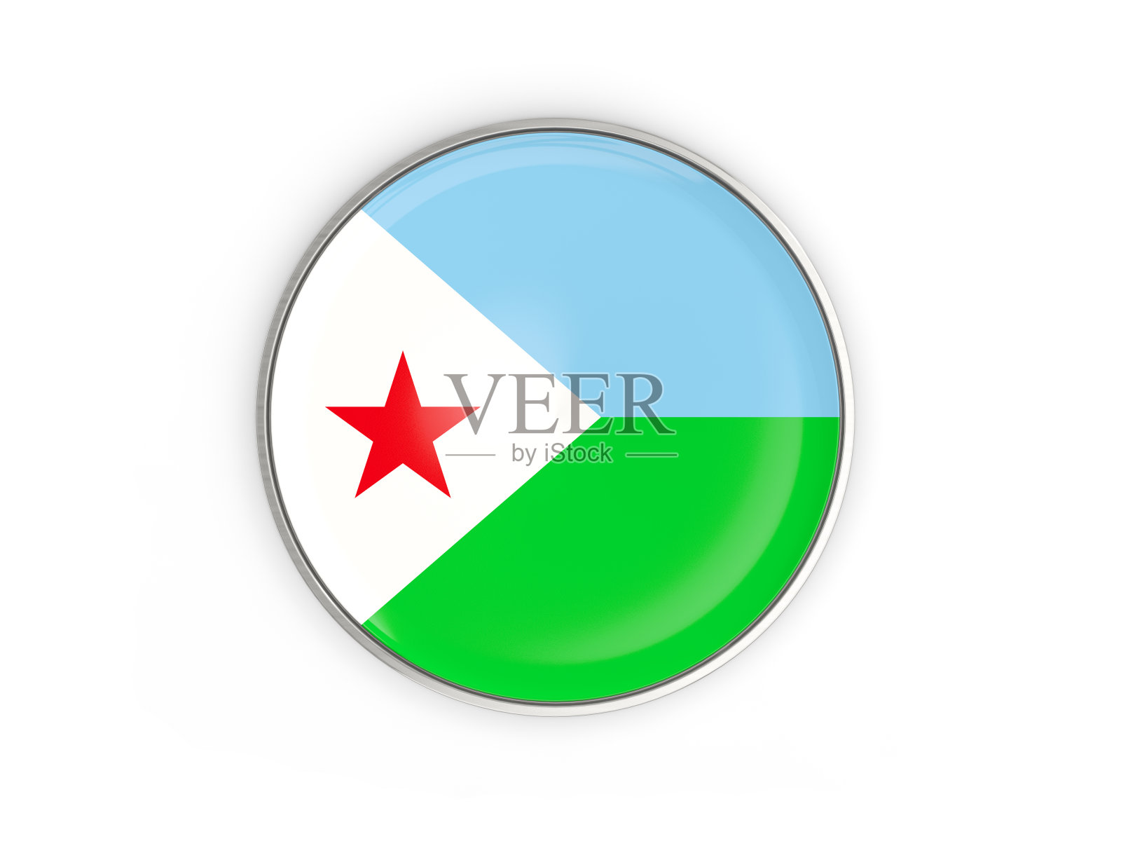 吉布提国旗，金属框架的圆形图标照片摄影图片