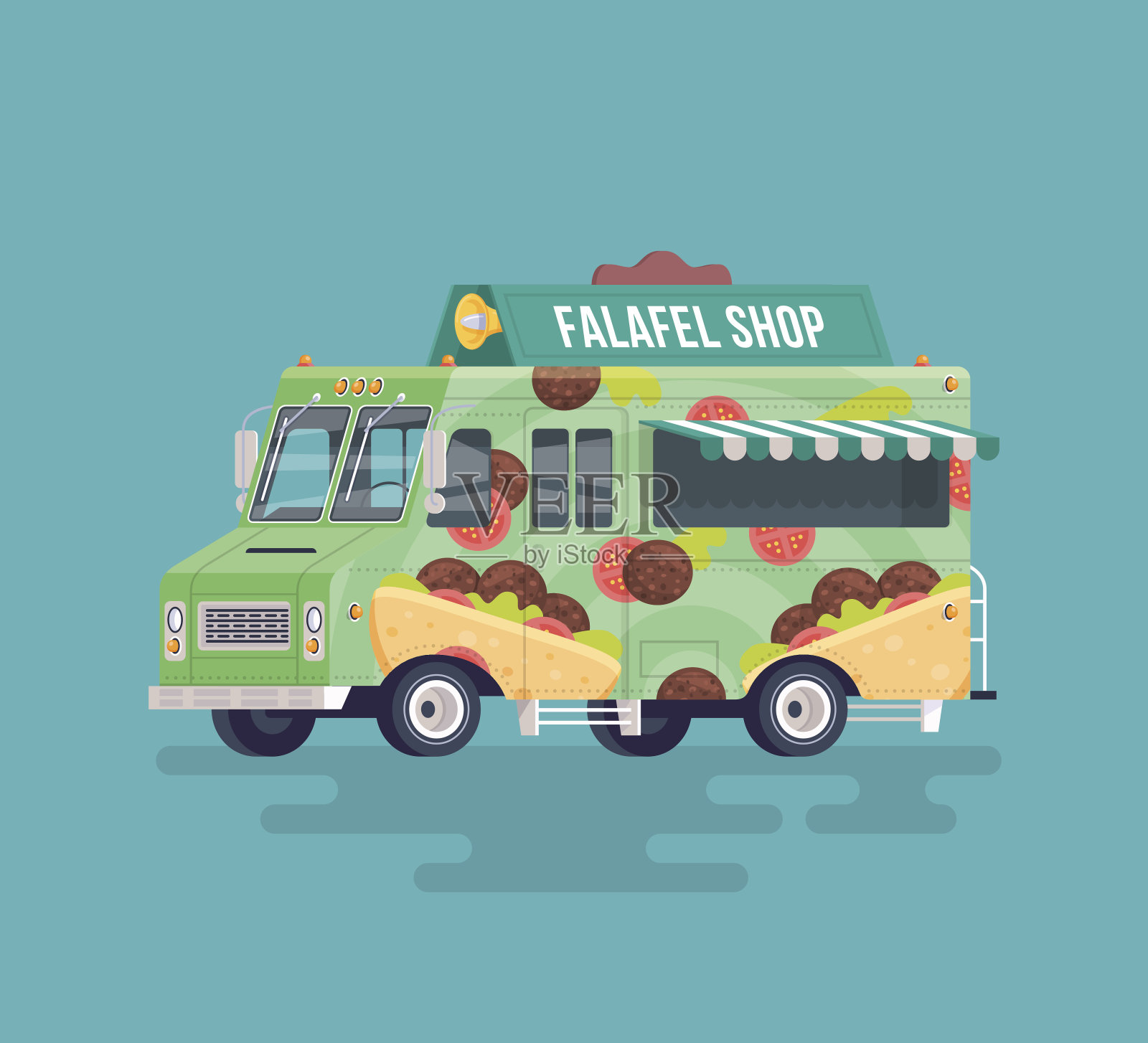 矢量彩色平坦的沙拉三明治街头美食卡车。插画图片素材