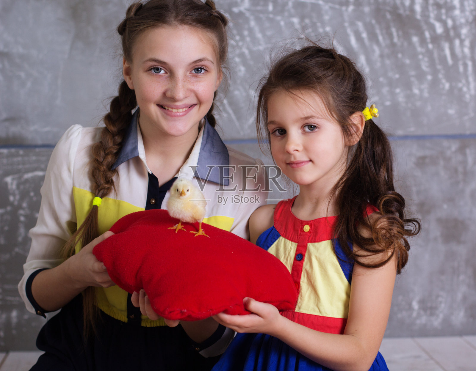 两个快乐的女孩和小鸡照片摄影图片