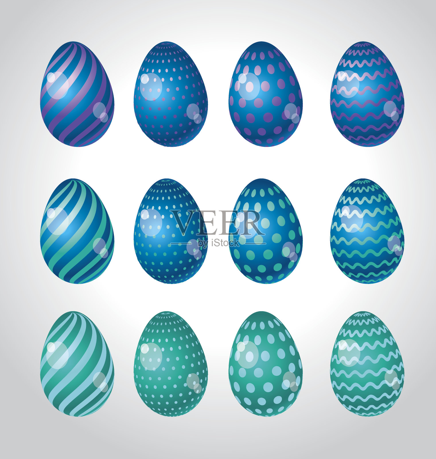 彩虹鲜艳的颜色复活节彩蛋矢量插图集。明亮简单的童装基督复活象征。蛋生活图标搭配简单的图案和颜色插画图片素材