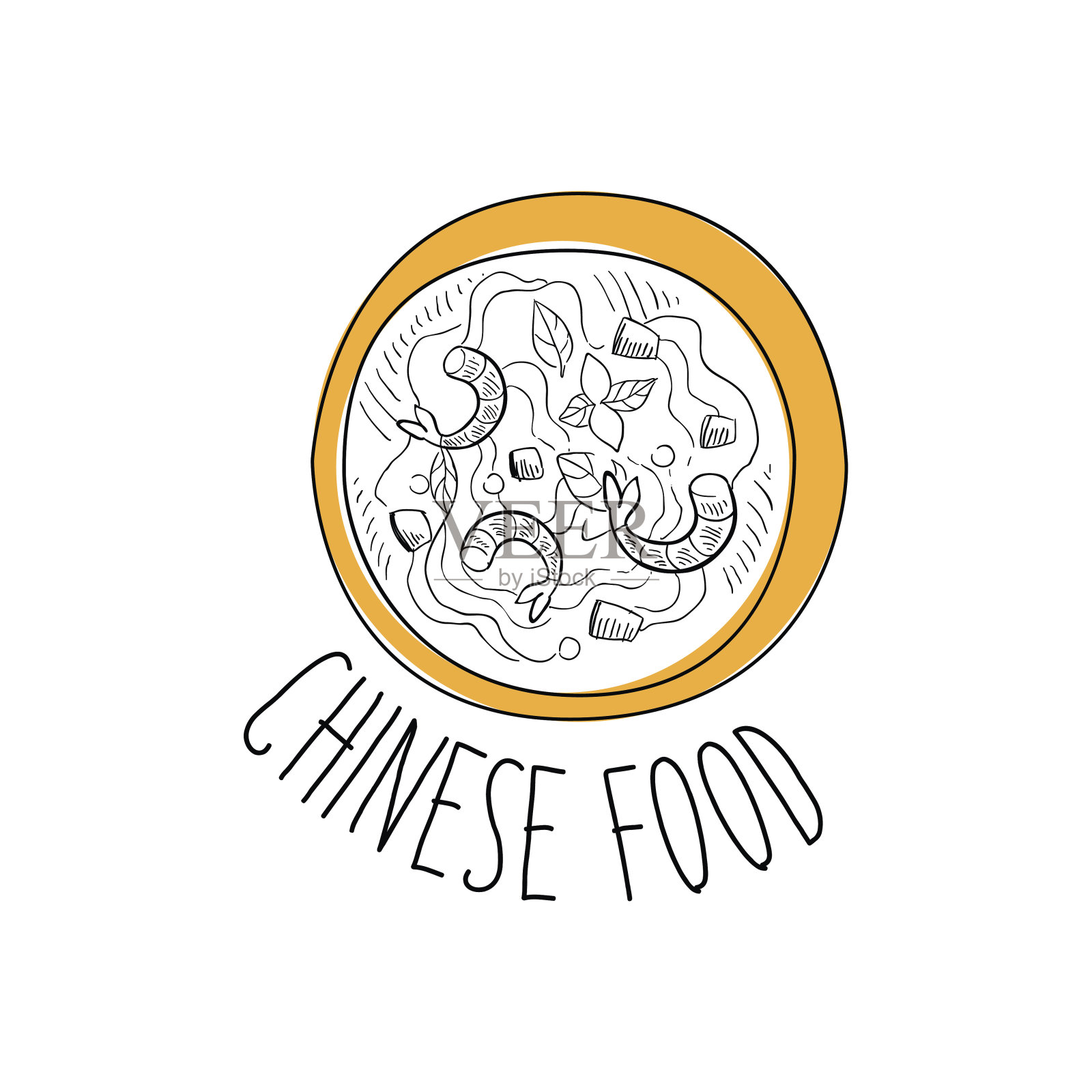 盘子与海鲜面条中餐和炒锅快插画图片素材