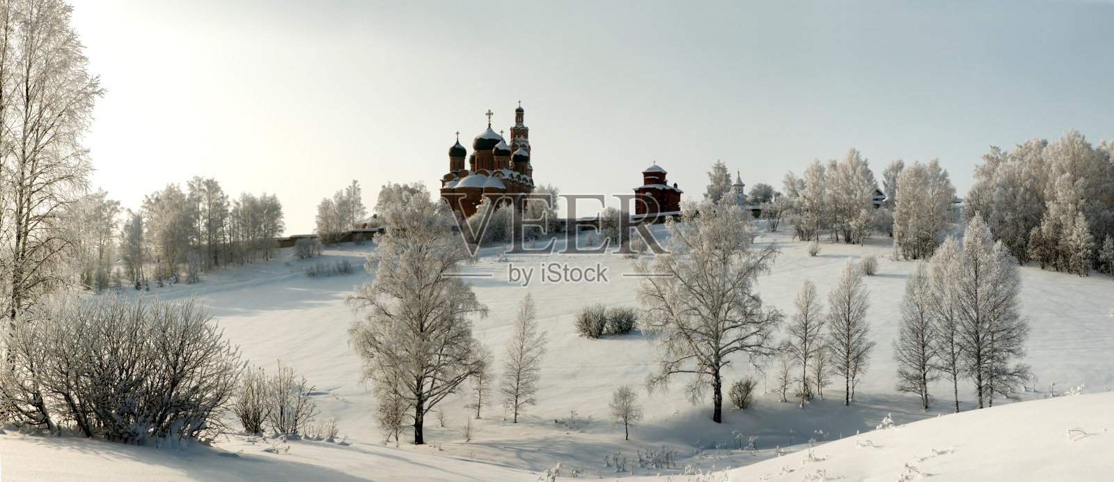 在远处的山坡上，光秃秃的白树和正统的教堂照片摄影图片