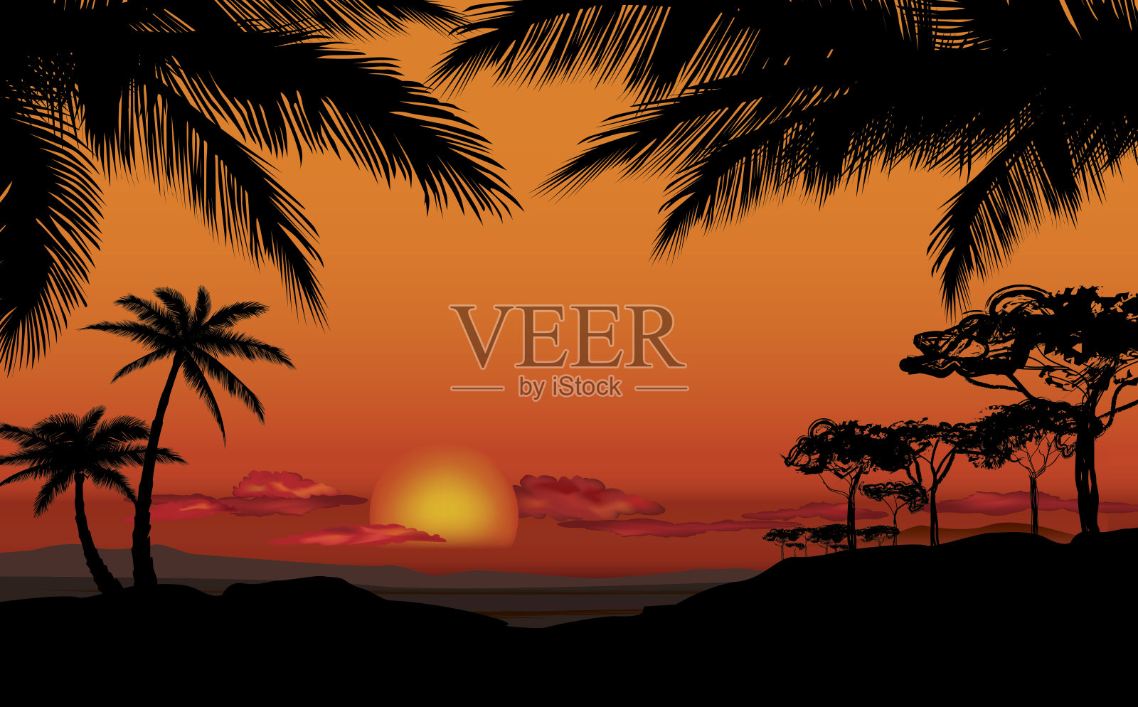 非洲风景与棕榈剪影。草原日落背景。插画图片素材