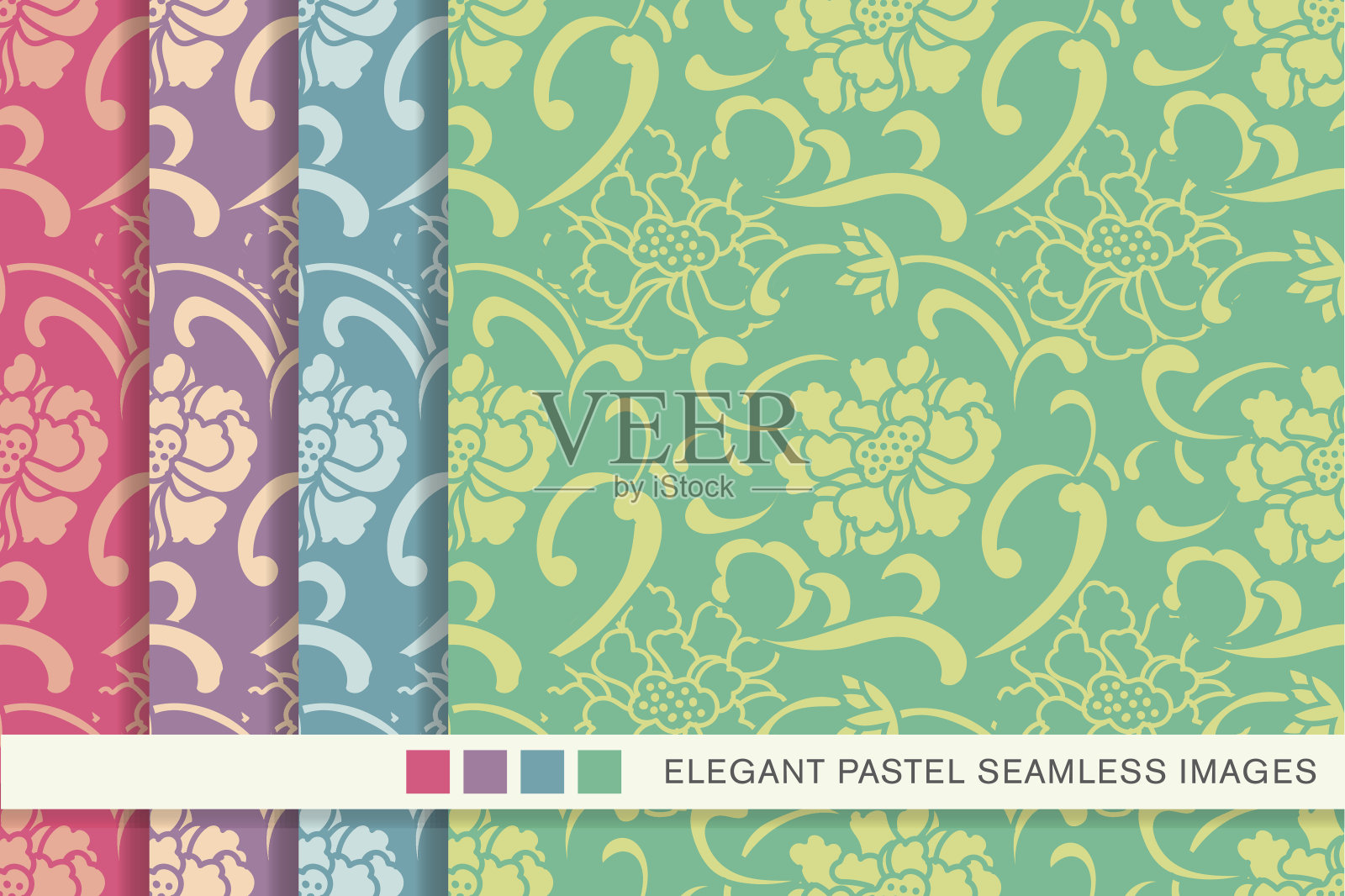 优雅无缝粉彩背景设置螺旋曲线牡丹花插画图片素材