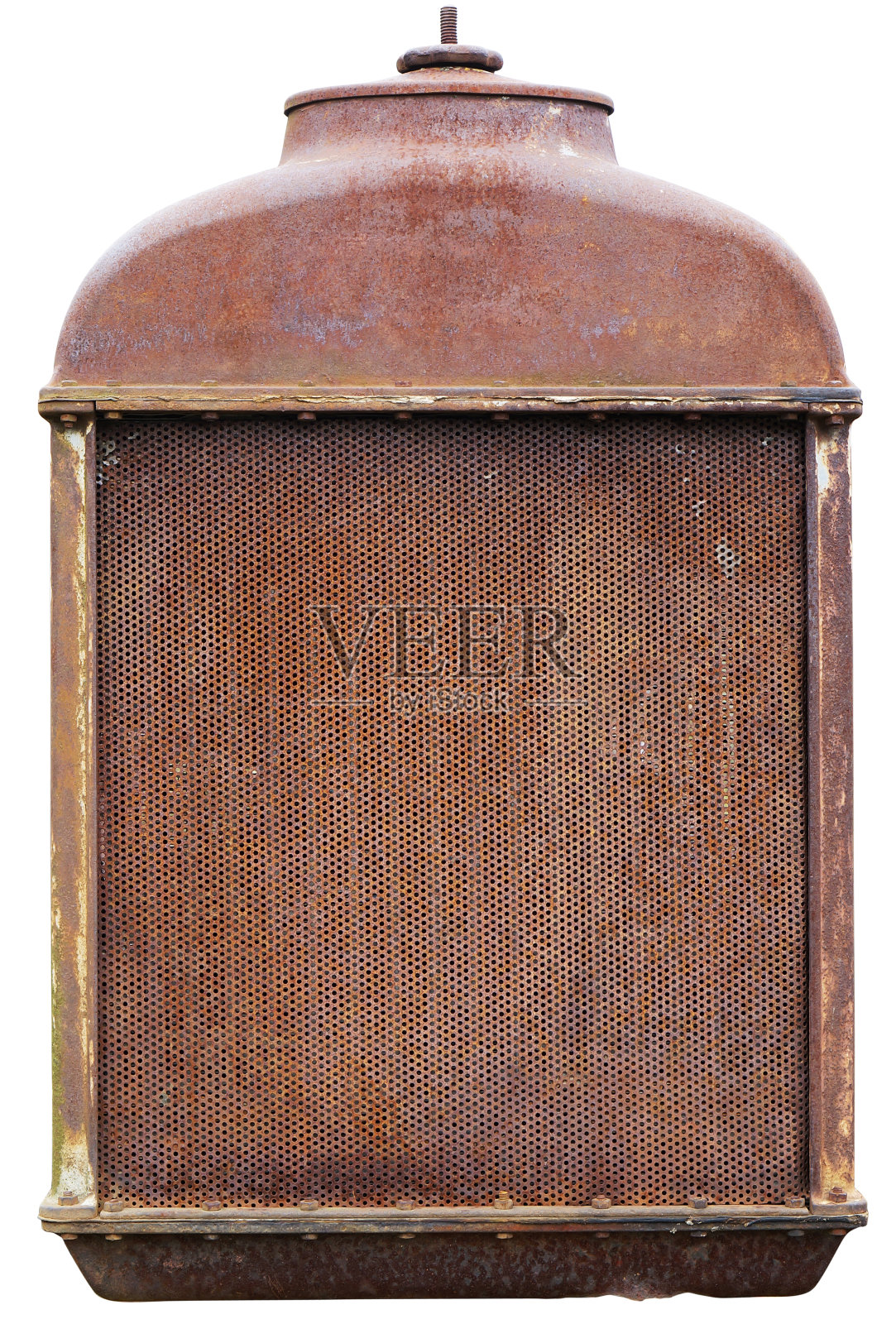 锈迹斑斑的前格栅，是二十世纪初美国农民生产的老式拖拉机。孤立的补丁照片摄影图片