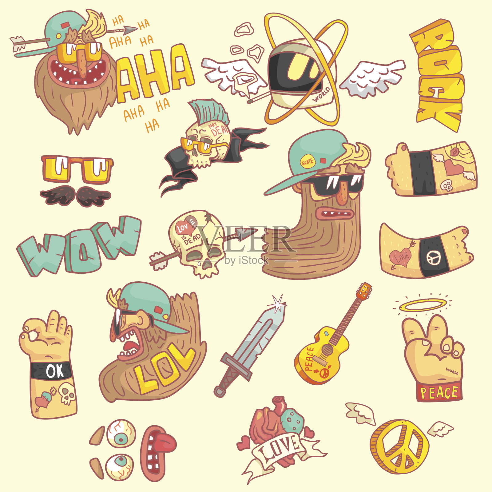 一套风格化的岩石主题贴纸设计元素图片