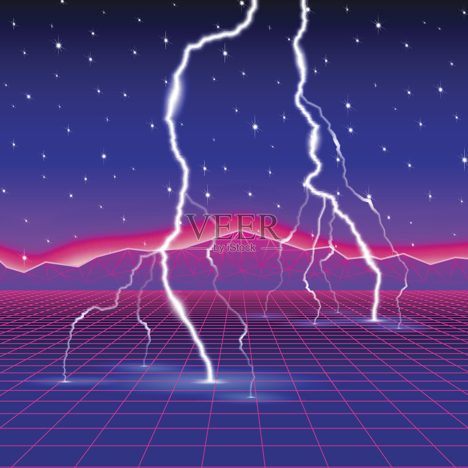 霓虹灯新复古波电脑景观与闪电插画图片素材