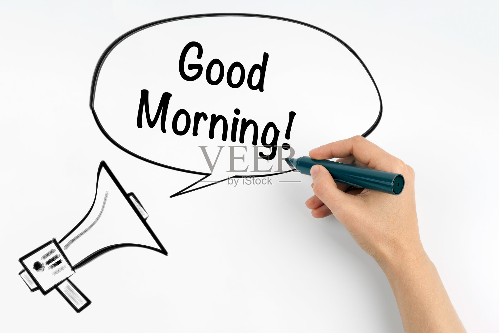 早上好!扩音器和文本照片摄影图片