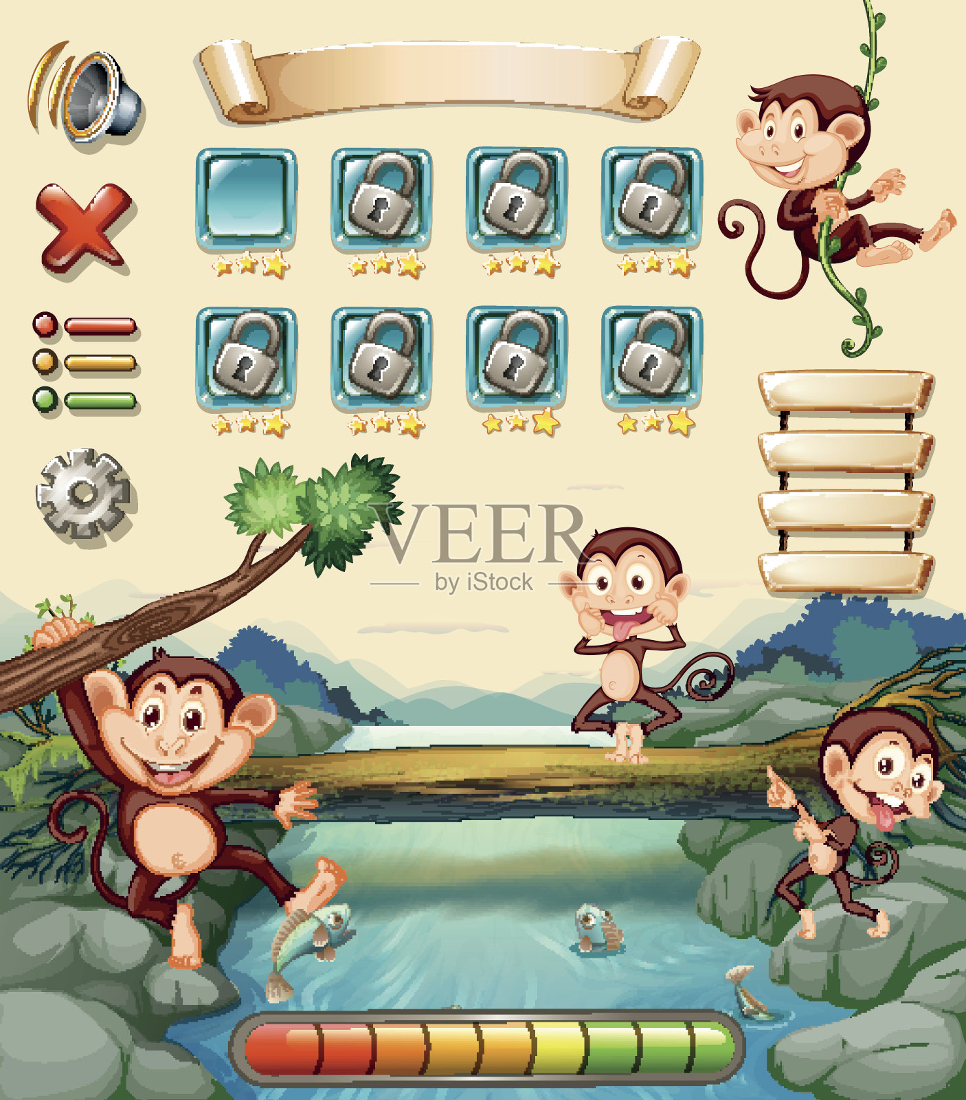 游戏模板与猴子在河边插画图片素材