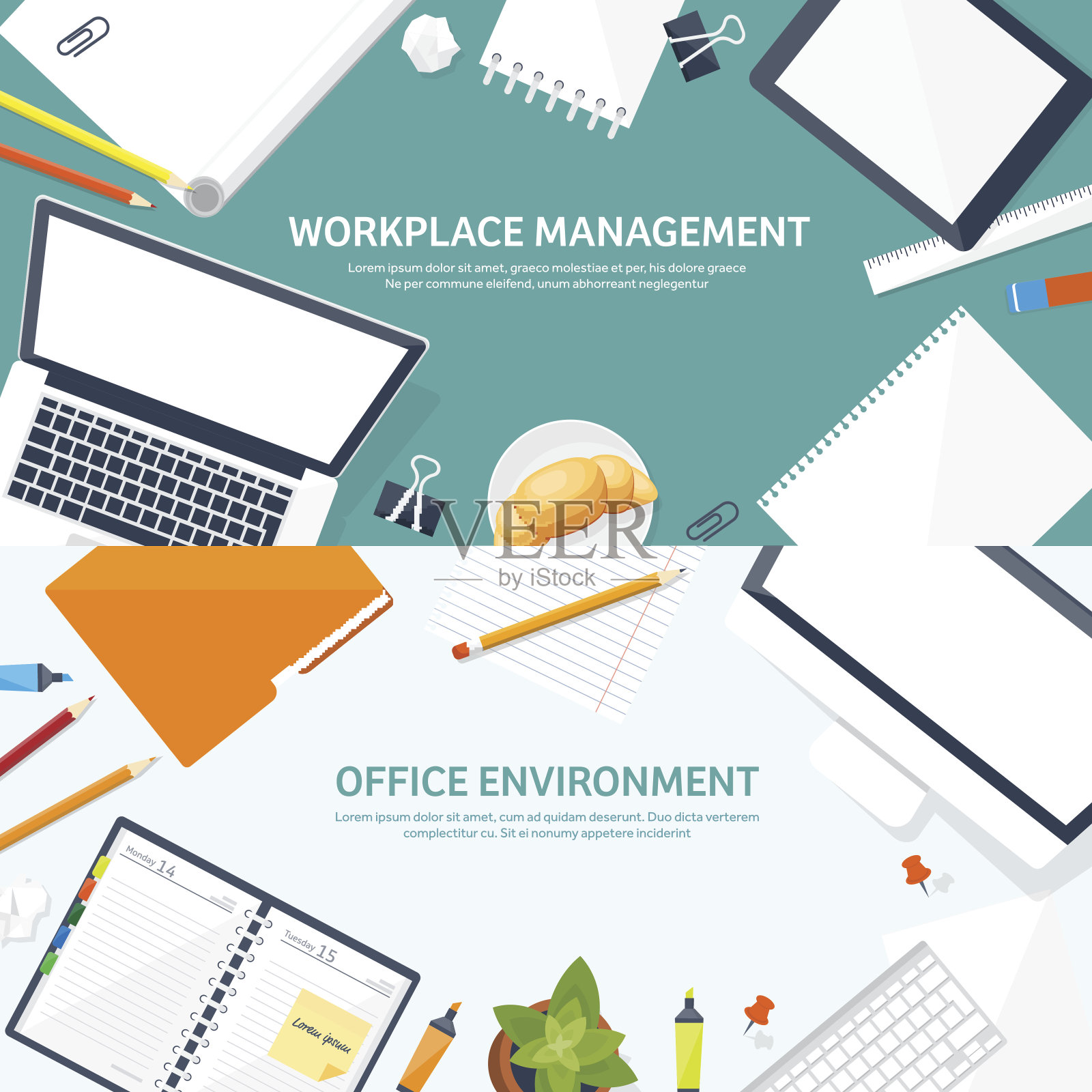 有桌子和电脑的工作场所。笔记本电脑、文档、文件、记事本、铅笔插画图片素材