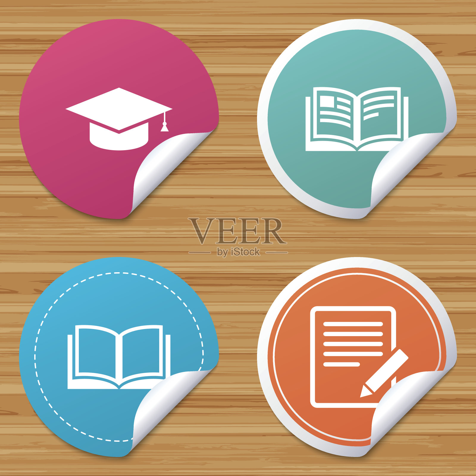 铅笔和打开的书标志。毕业帽图标。图标素材