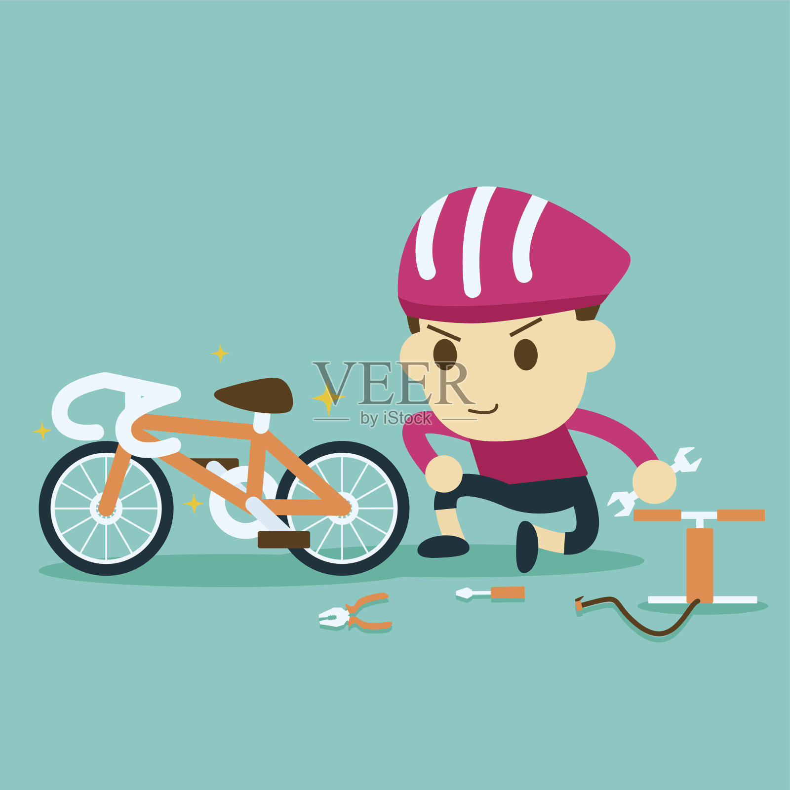 自行车修理。自行车手和赛车手正在修理自行车设计元素图片