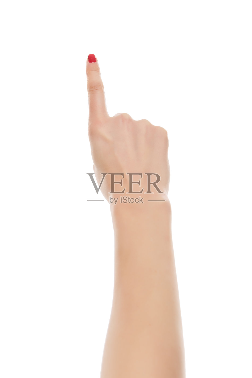 女人用食指向上指着照片摄影图片