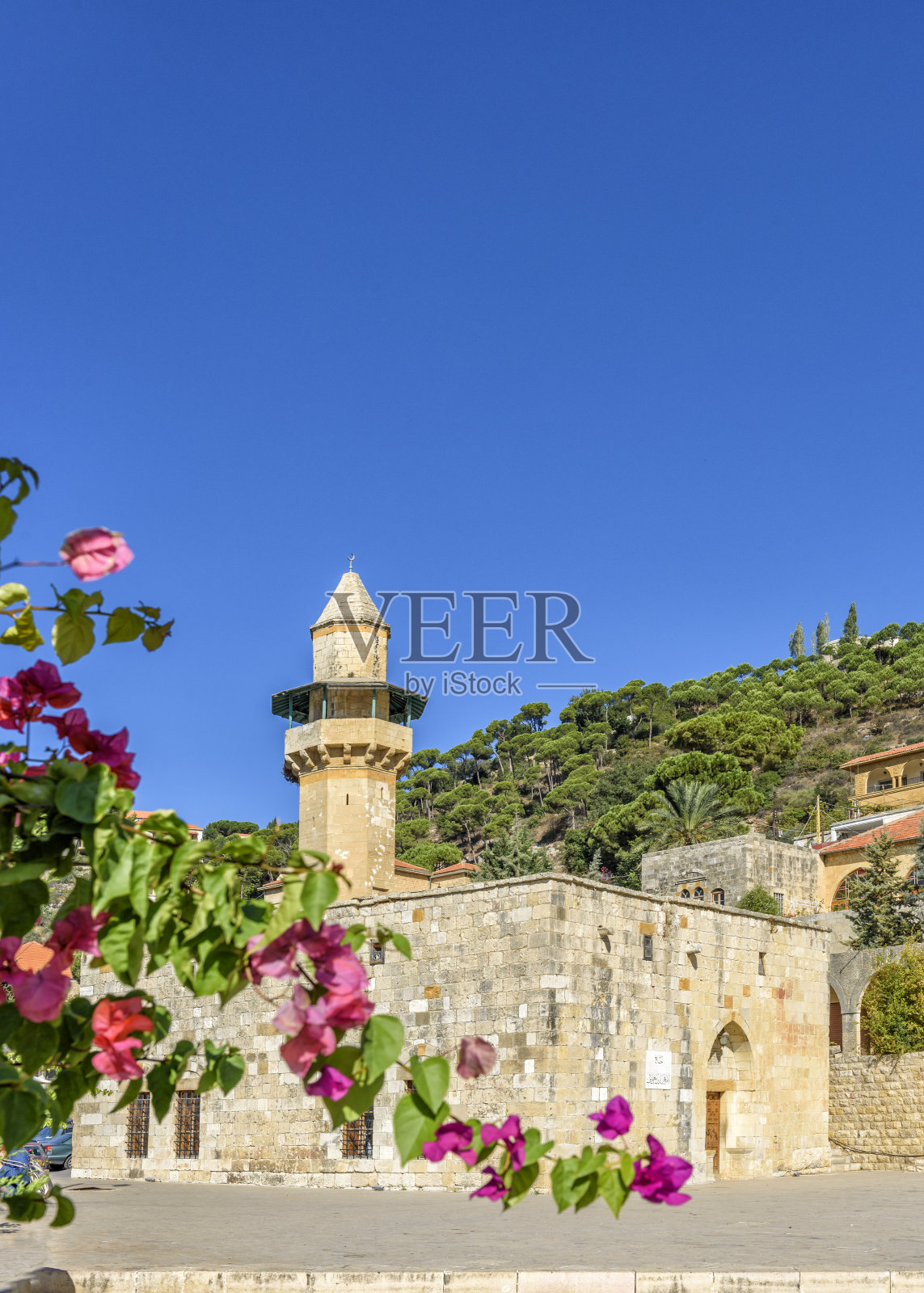 黎巴嫩山区村庄的清真寺和鲜花照片摄影图片