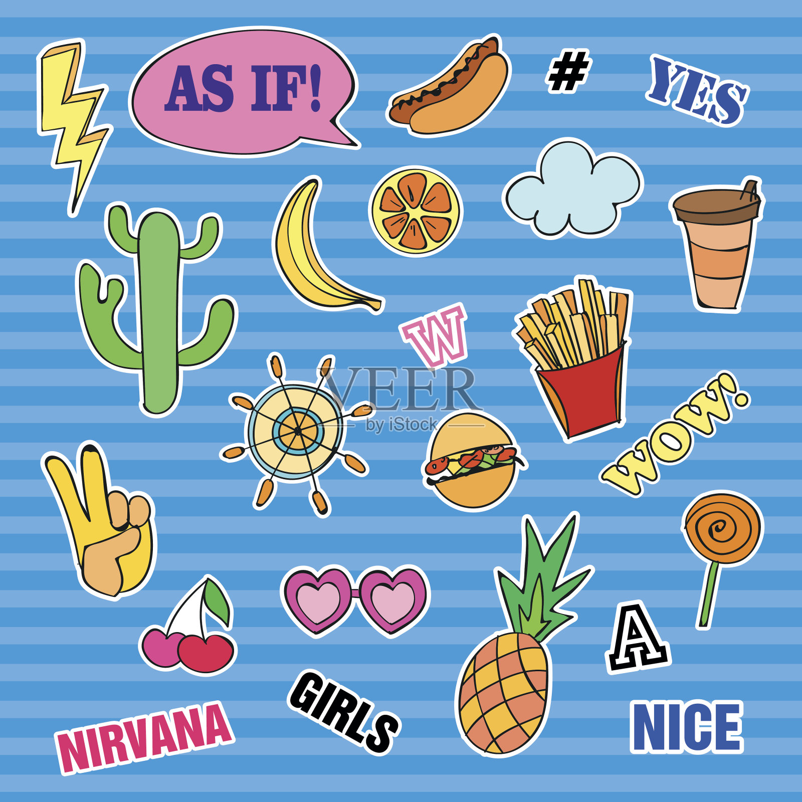 不同元素的时尚徽章。一套贴纸，大头针设计元素图片