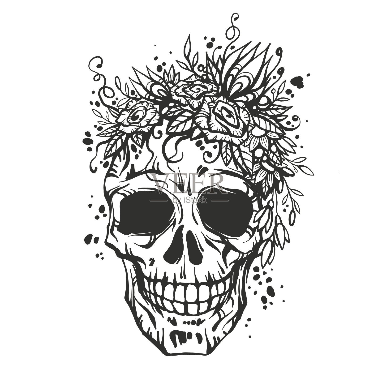 带花圈的人类头骨插画图片素材