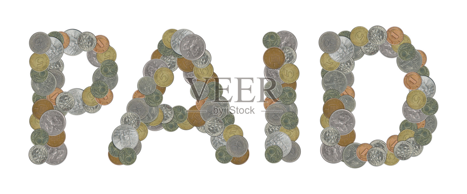 带有旧硬币的“已支付”字样照片摄影图片