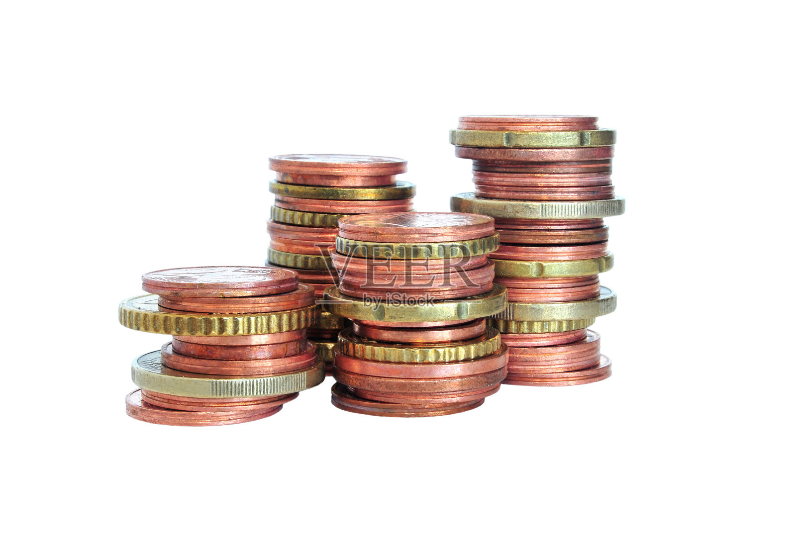 一堆孤立在白色上的欧元硬币照片摄影图片