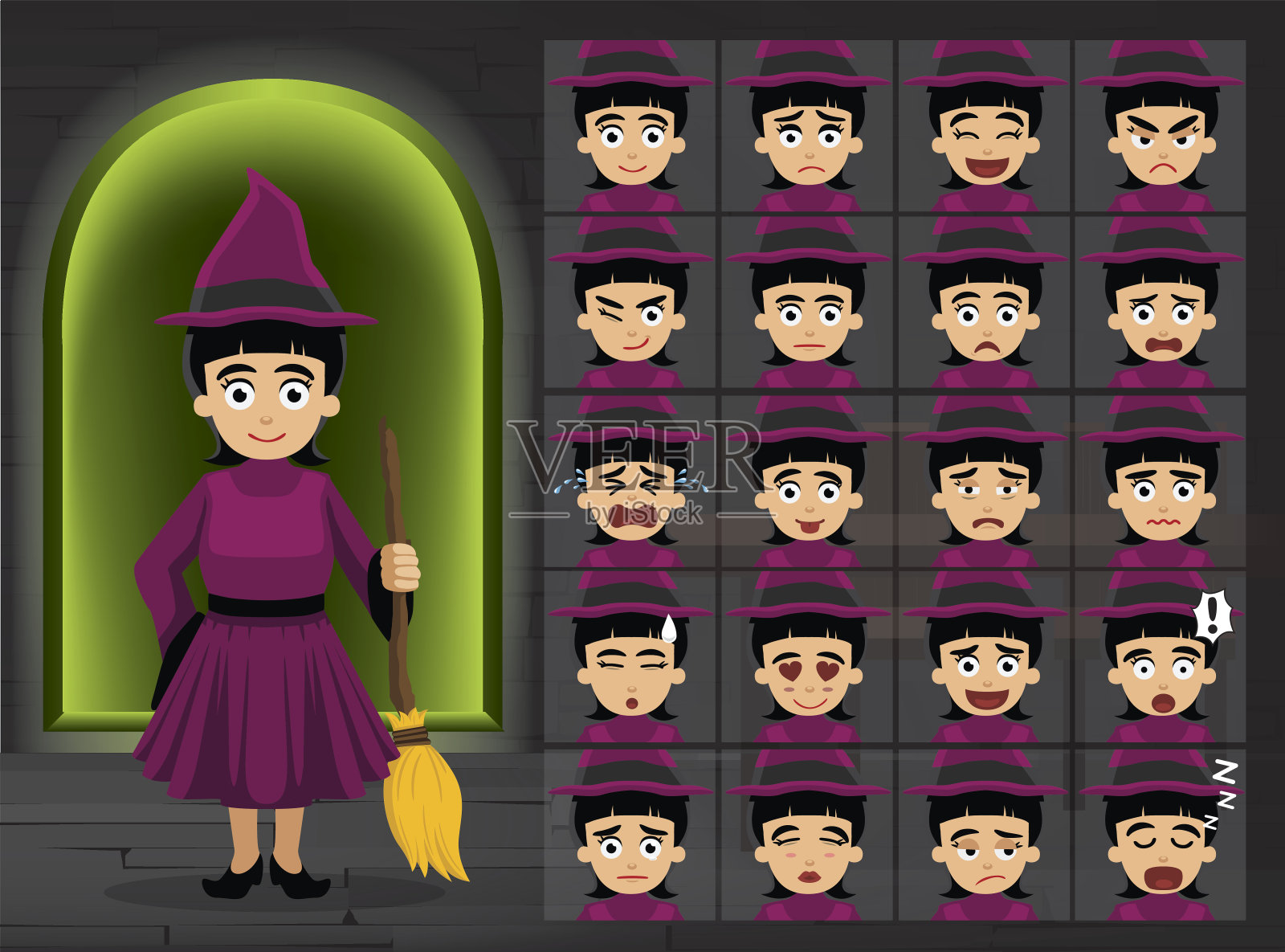 女巫粉裙女孩卡通情感脸矢量插图插画图片素材