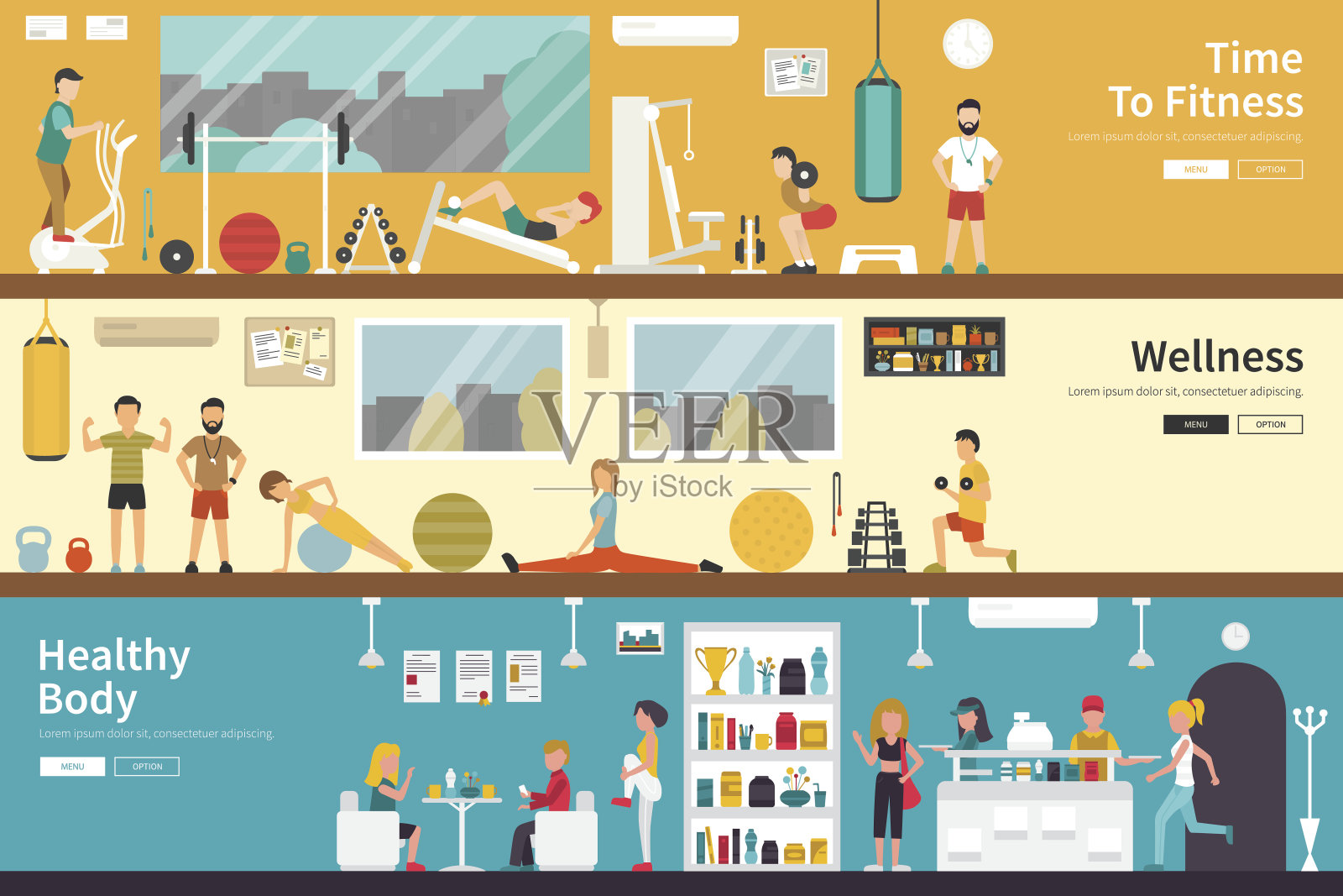 健身时间，健康，健康的身体，平面，室内，室外的概念插画图片素材