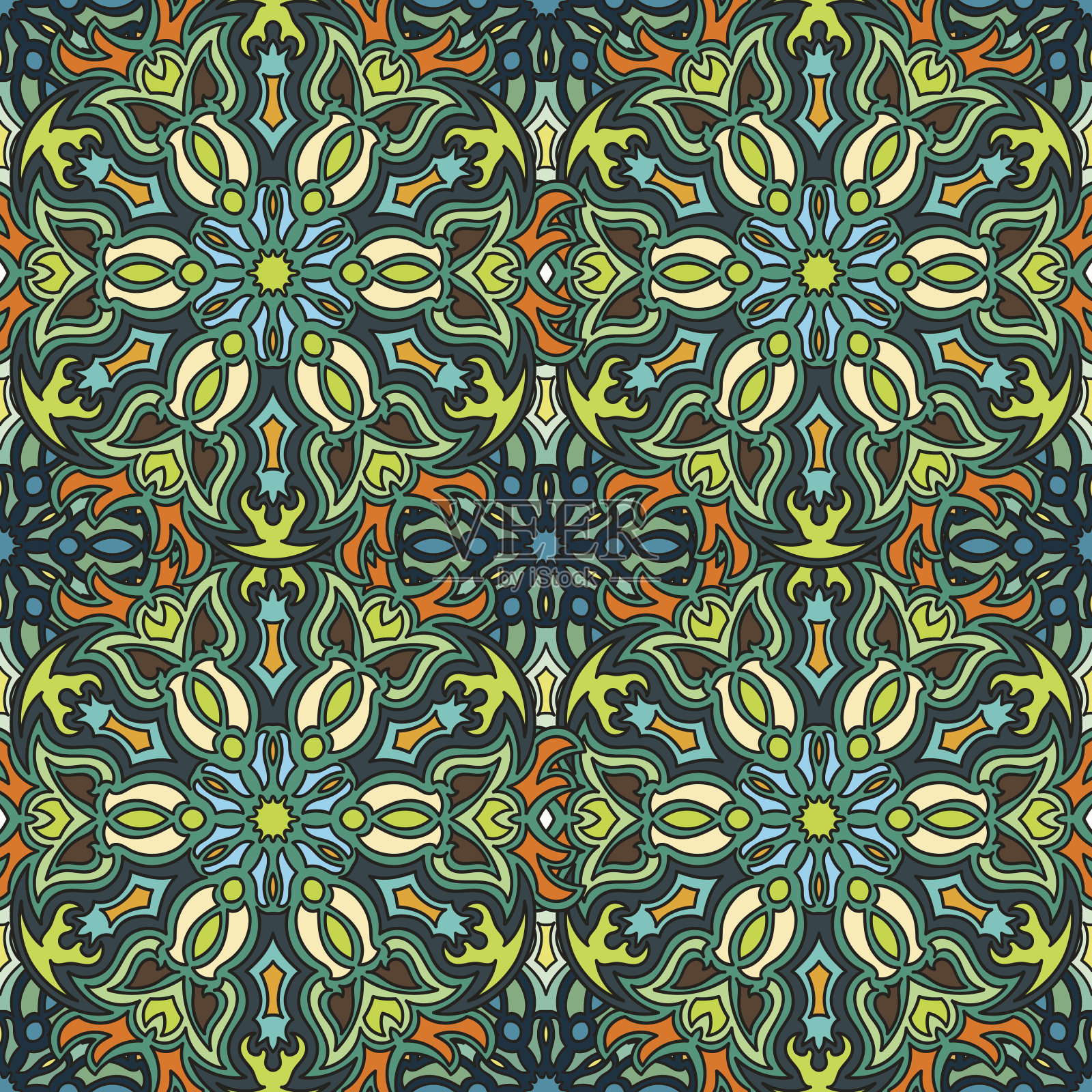 华丽的花卉无缝纹理，无尽的图案与复古曼荼罗元素。插画图片素材