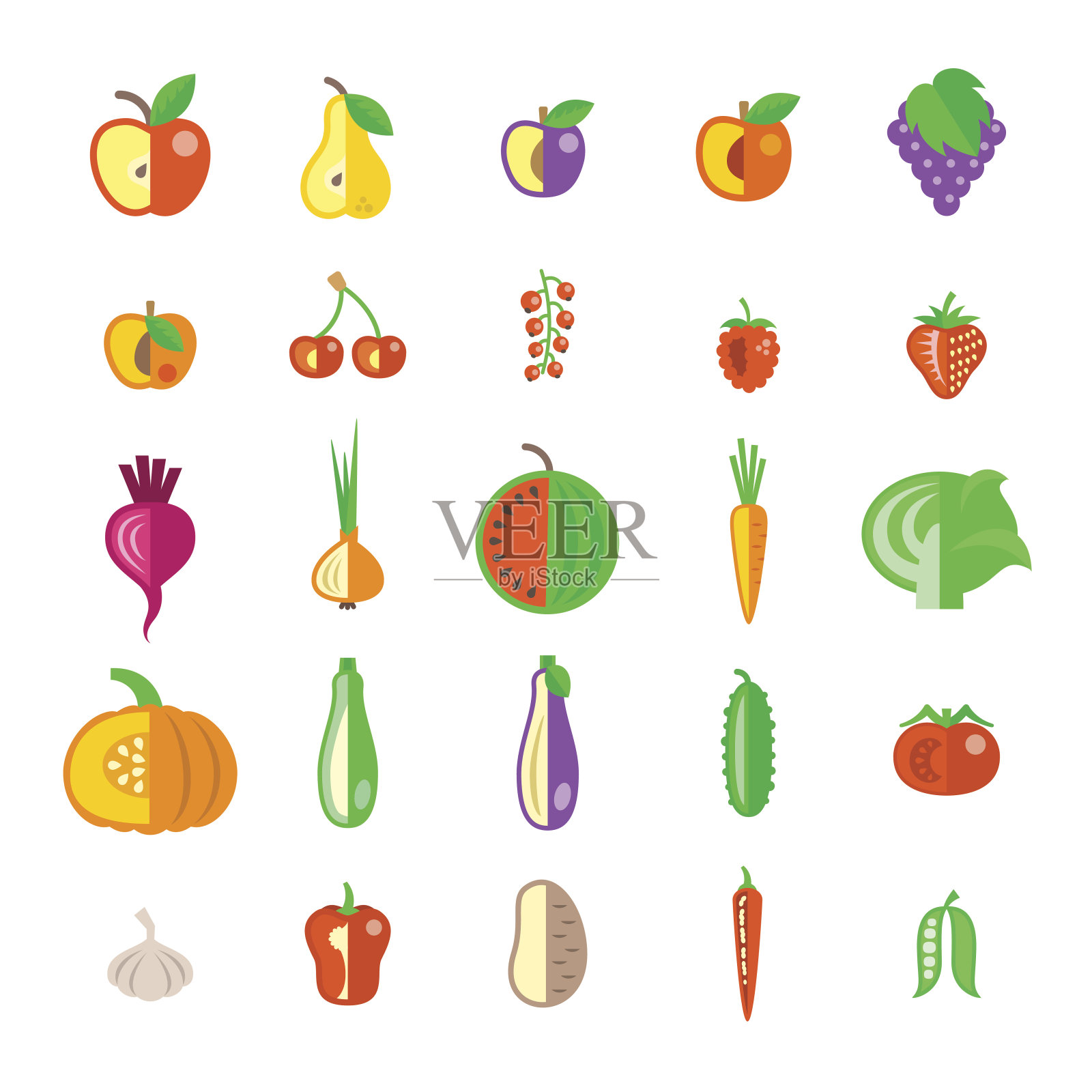 农场水果和蔬菜平面矢量图标设置设计元素图片