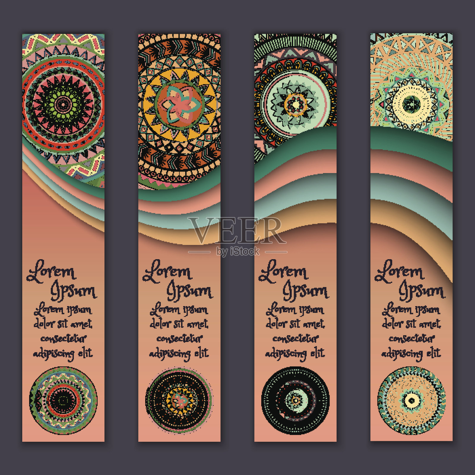 旗帜卡设置花卉色彩鲜艳的装饰曼陀罗元素背景。设计模板素材