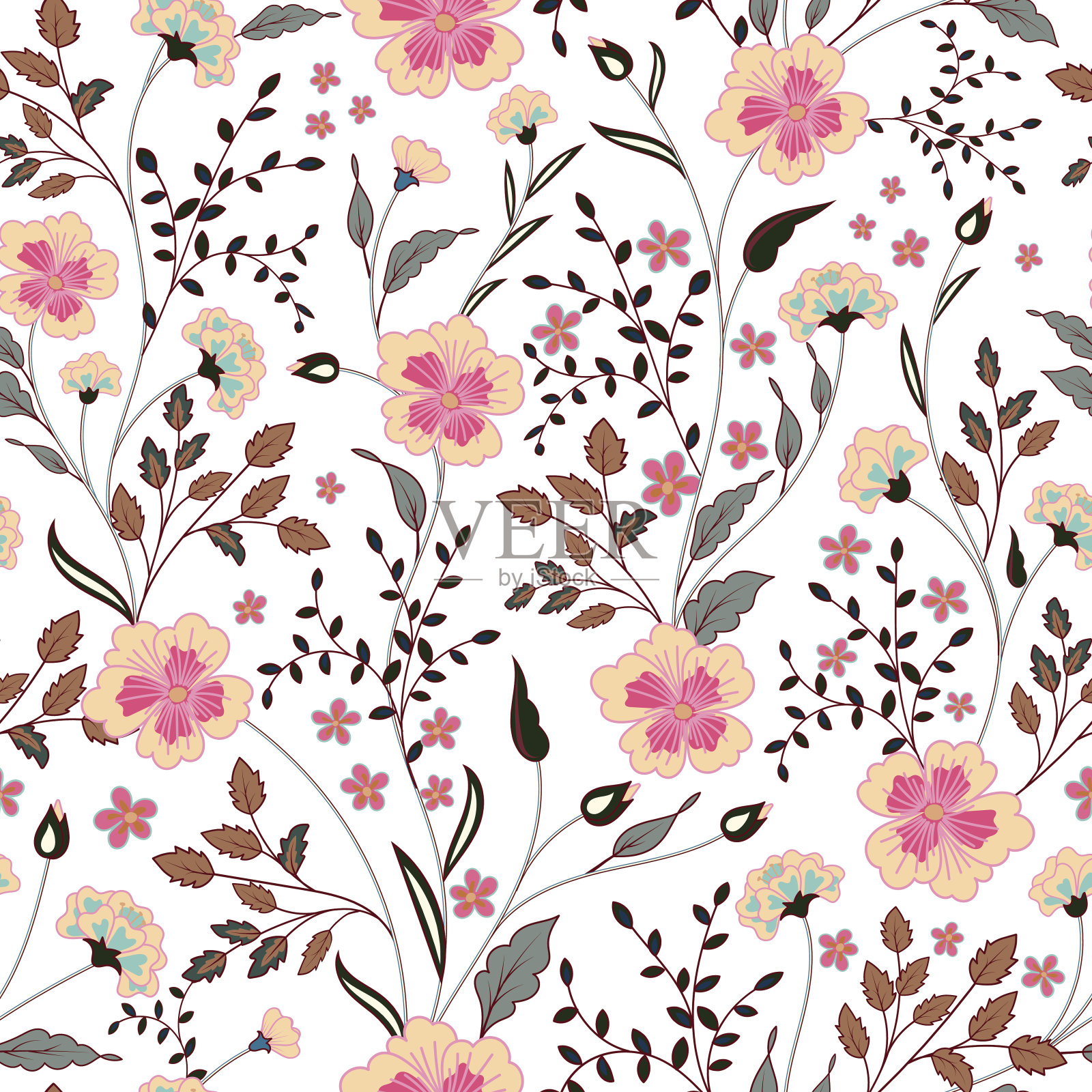 可爱的小粉红花朵无缝图案背景。向量插画图片素材