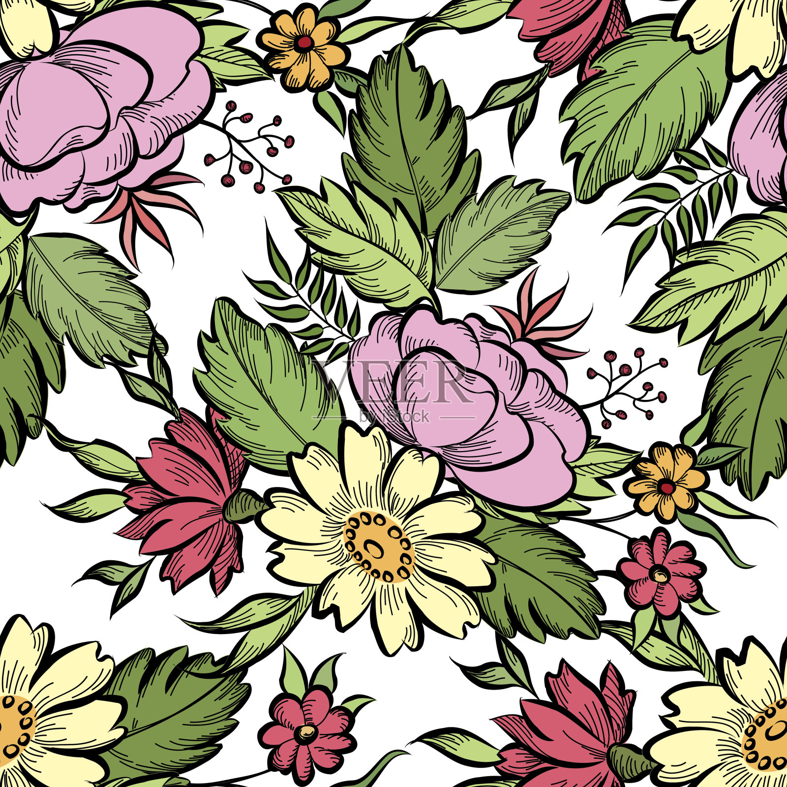 花卉无缝模式。盛开的花孤立在白色背景上插画图片素材