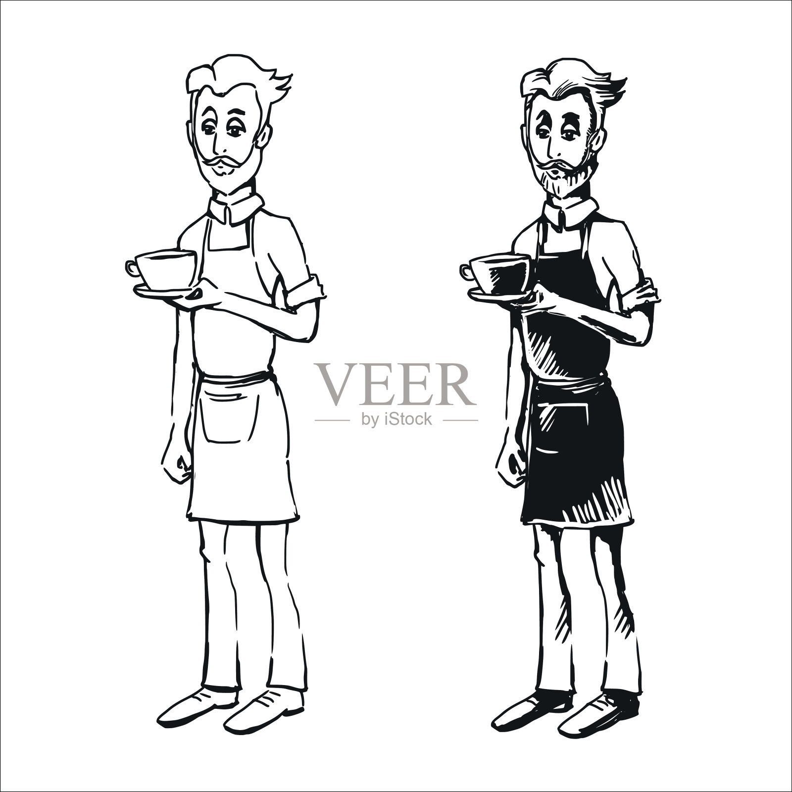 卡通潮人咖啡师。手绘矢量插图。插画图片素材