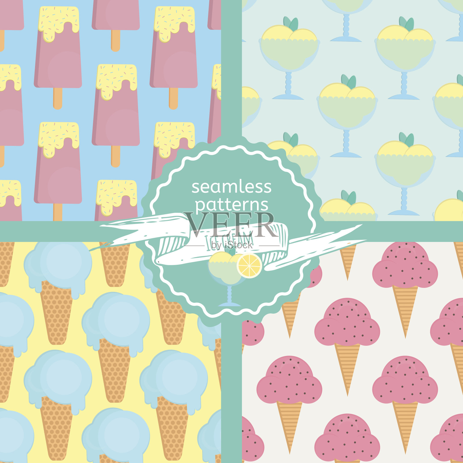 冰淇淋无缝模式设置在平坦的风格。插画图片素材