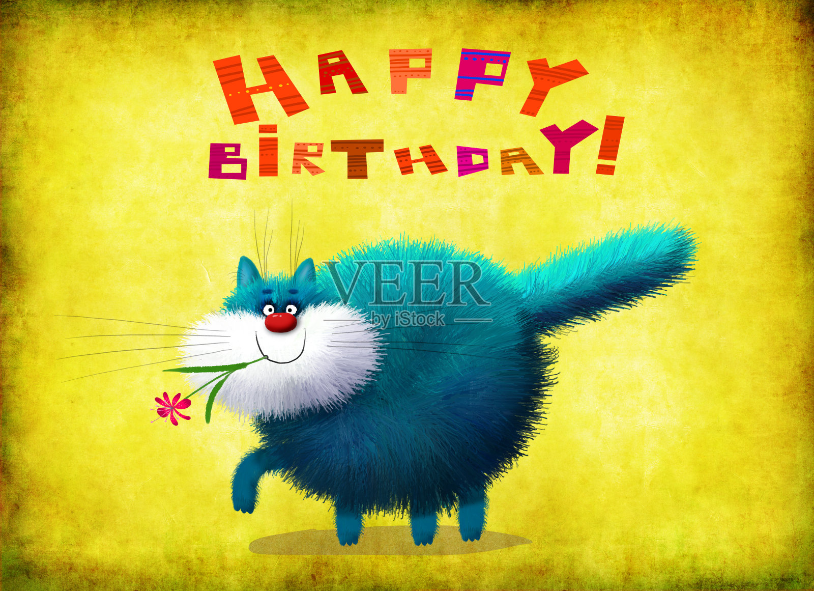 生日卡片猫走在花的嘴照片摄影图片