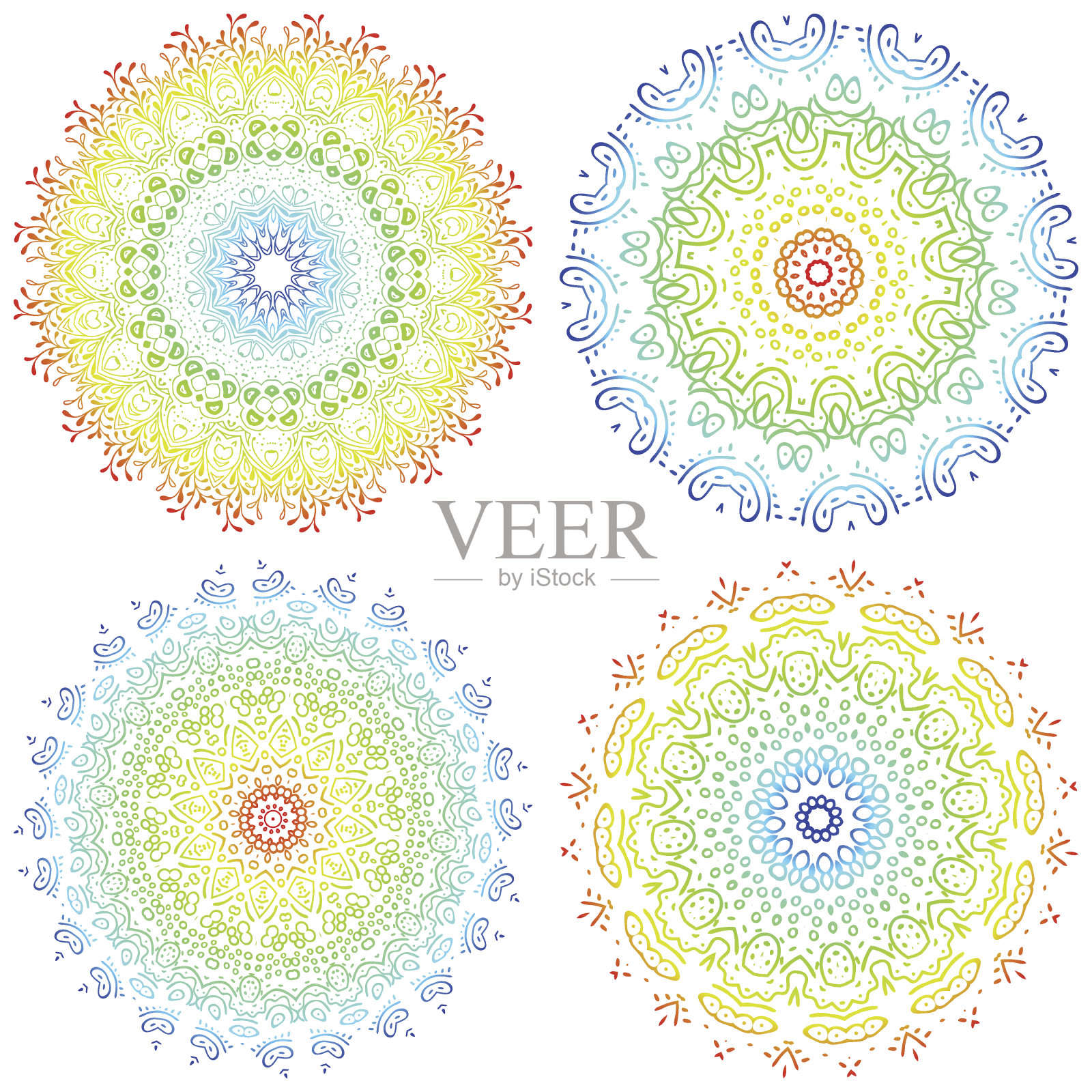 一套彩色曼荼罗。曼荼罗饰品。抗应激治疗插画图片素材