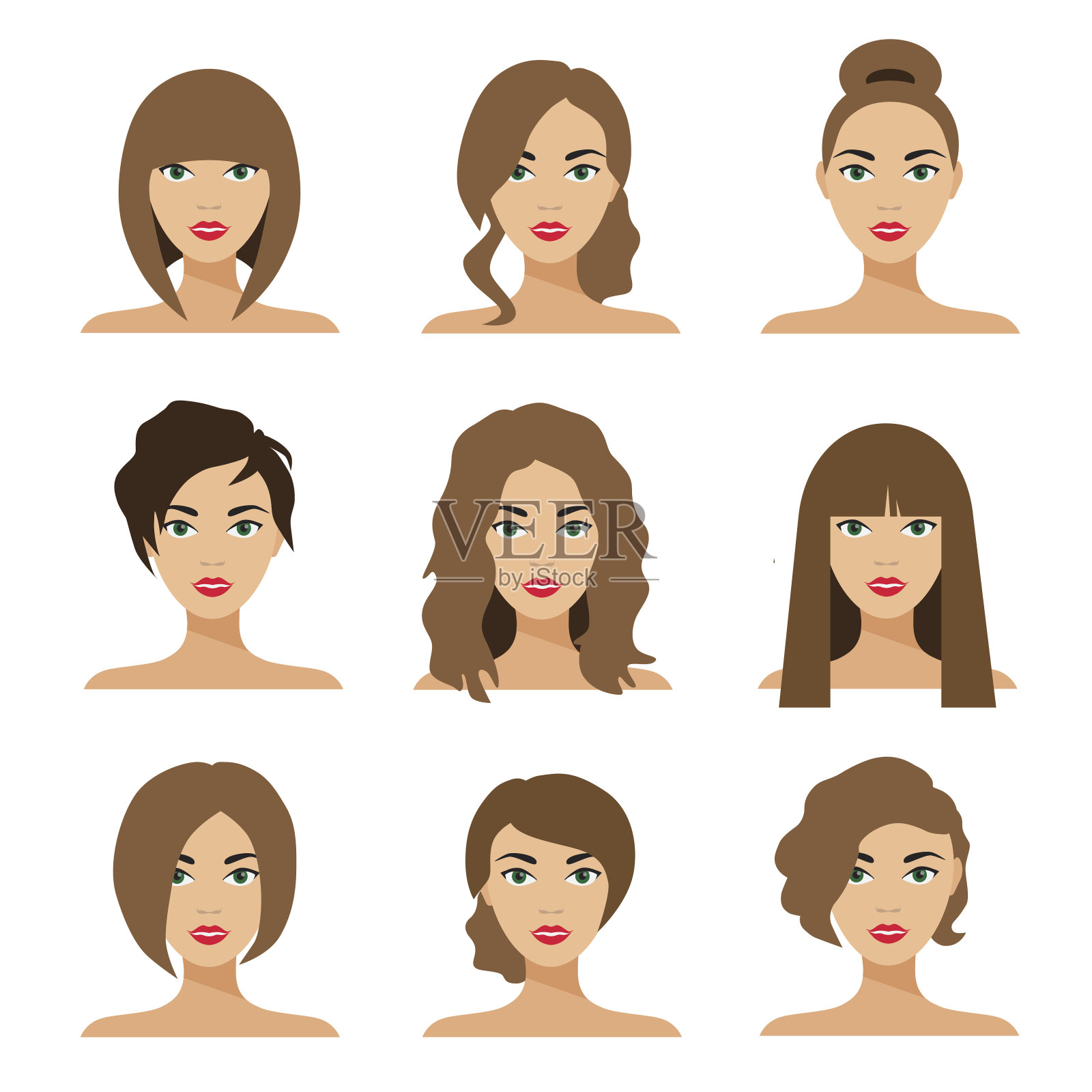 一套女人头发造型矢量平面插图设计元素图片