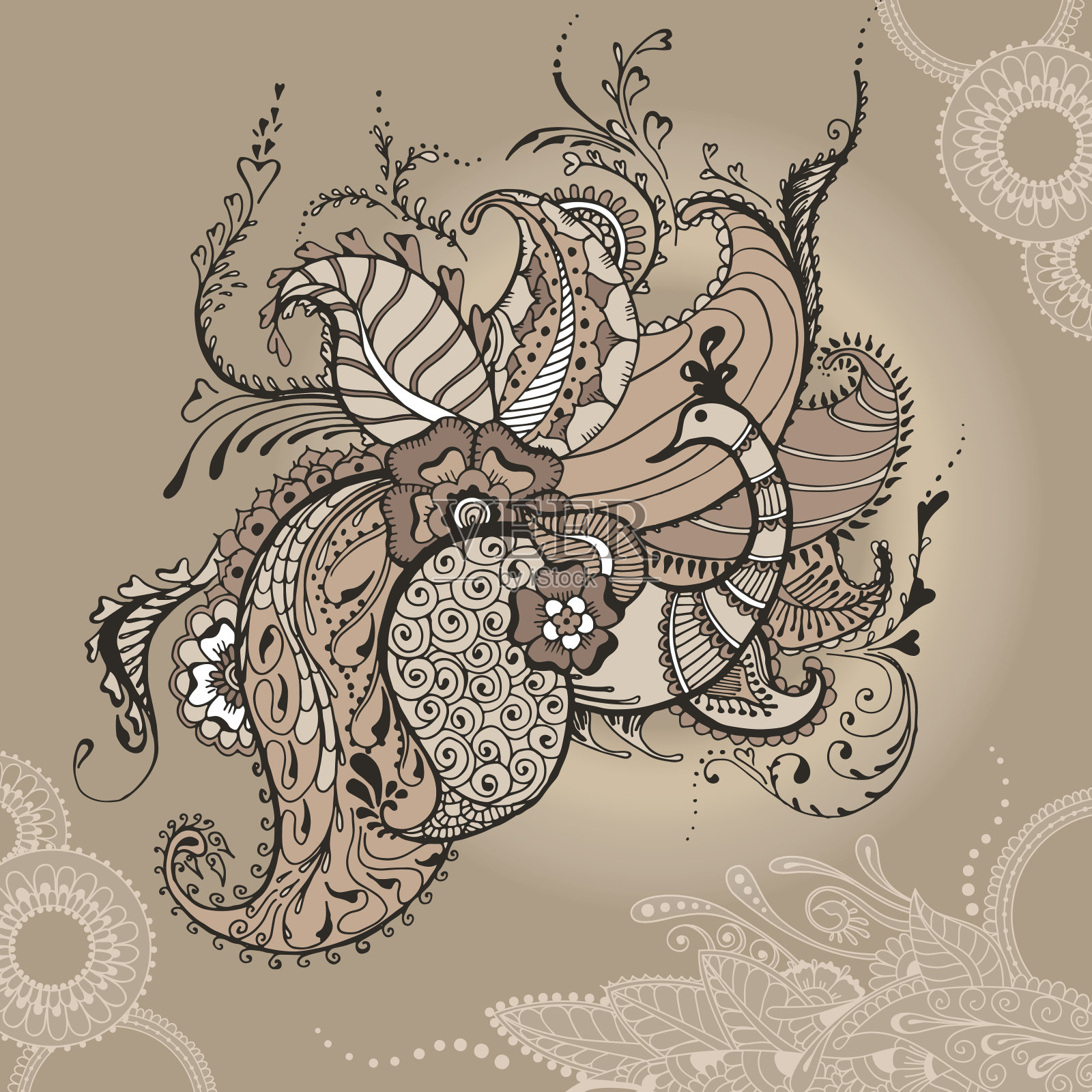 曼海蒂孔雀纹身模板与花尾巴插画图片素材