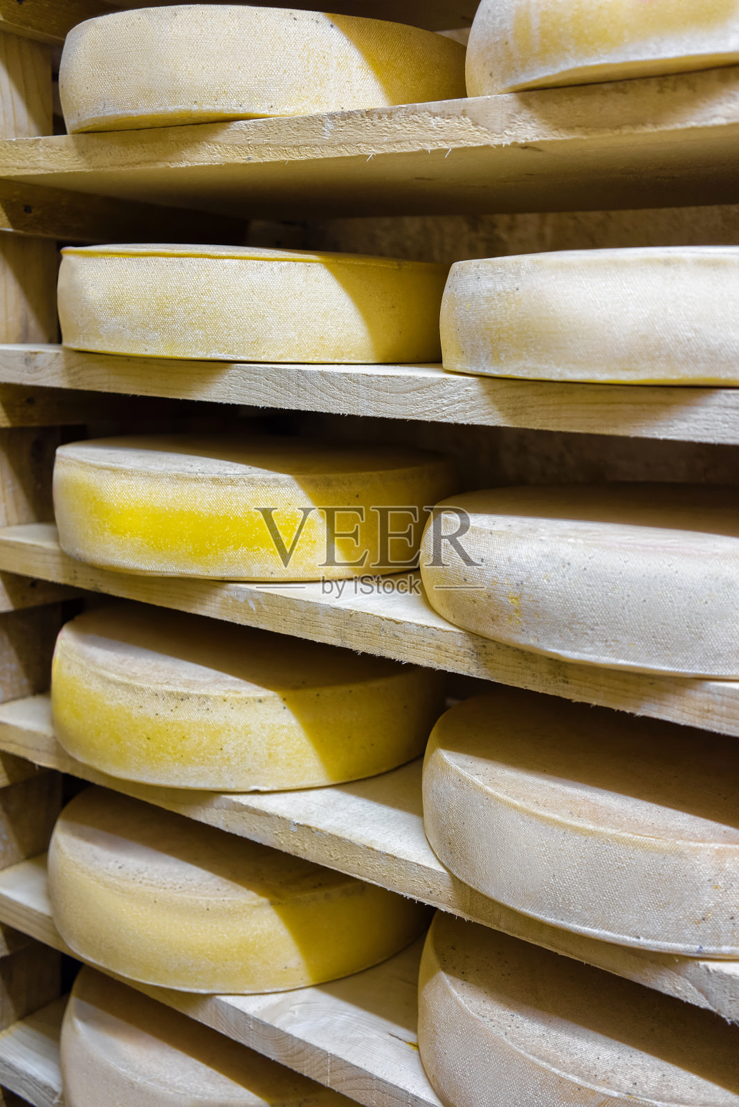 一堆陈年奶酪在成熟的地窖弗朗西斯伯爵乳品厂照片摄影图片
