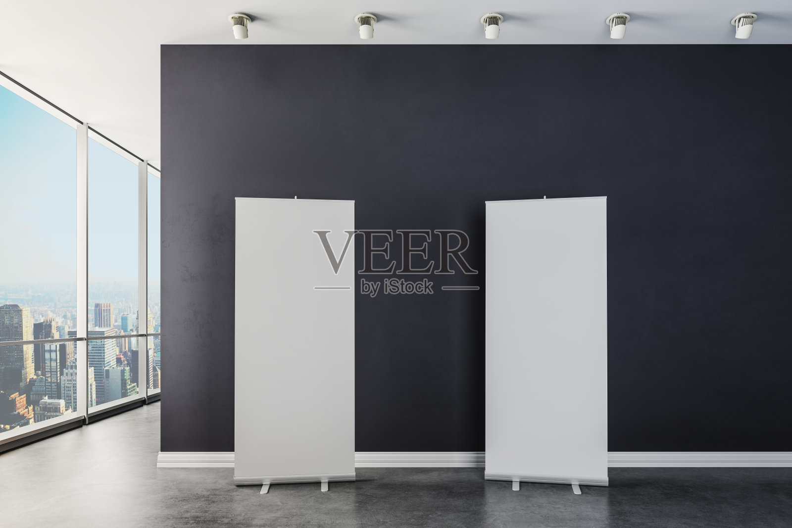 3d内部与空白的白色滚动横幅照片摄影图片