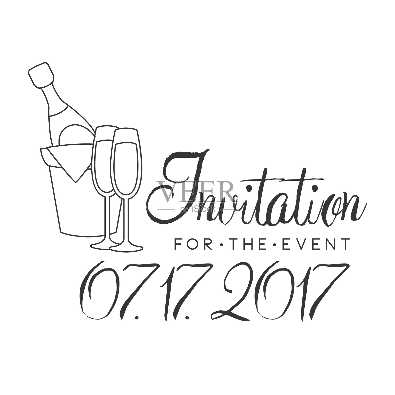 派对黑色和白色邀请卡片设计模板与书法文本和香槟瓶设计模板素材