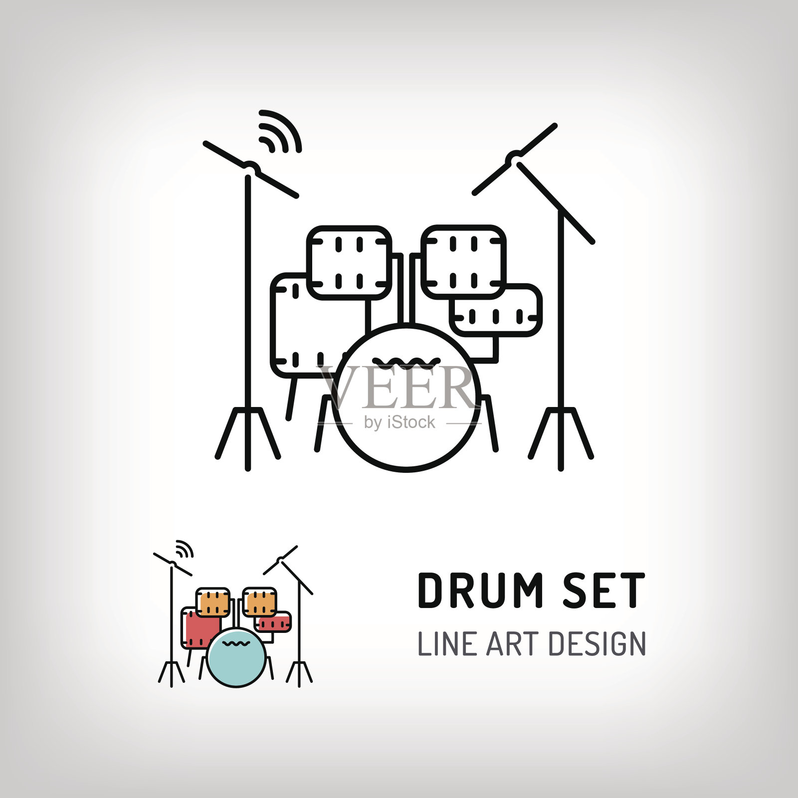 鼓集孤立线艺术图标音乐乐器矢量插图插画图片素材