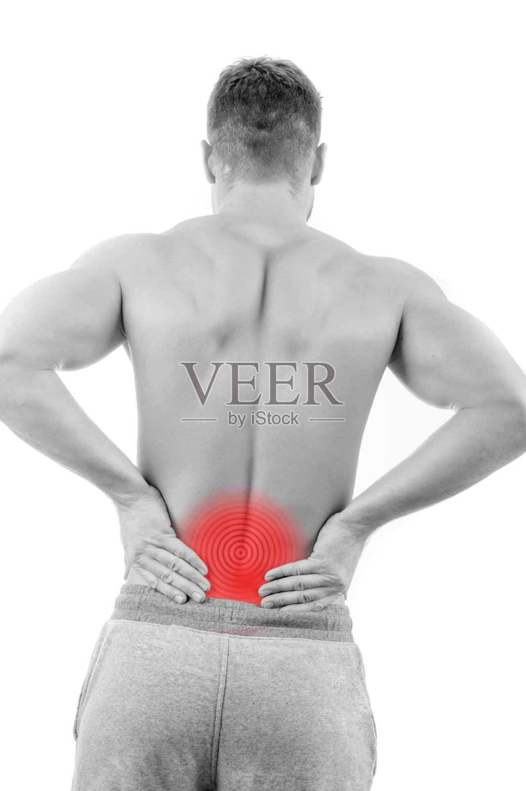 白色背景下背部疼痛的男子照片摄影图片