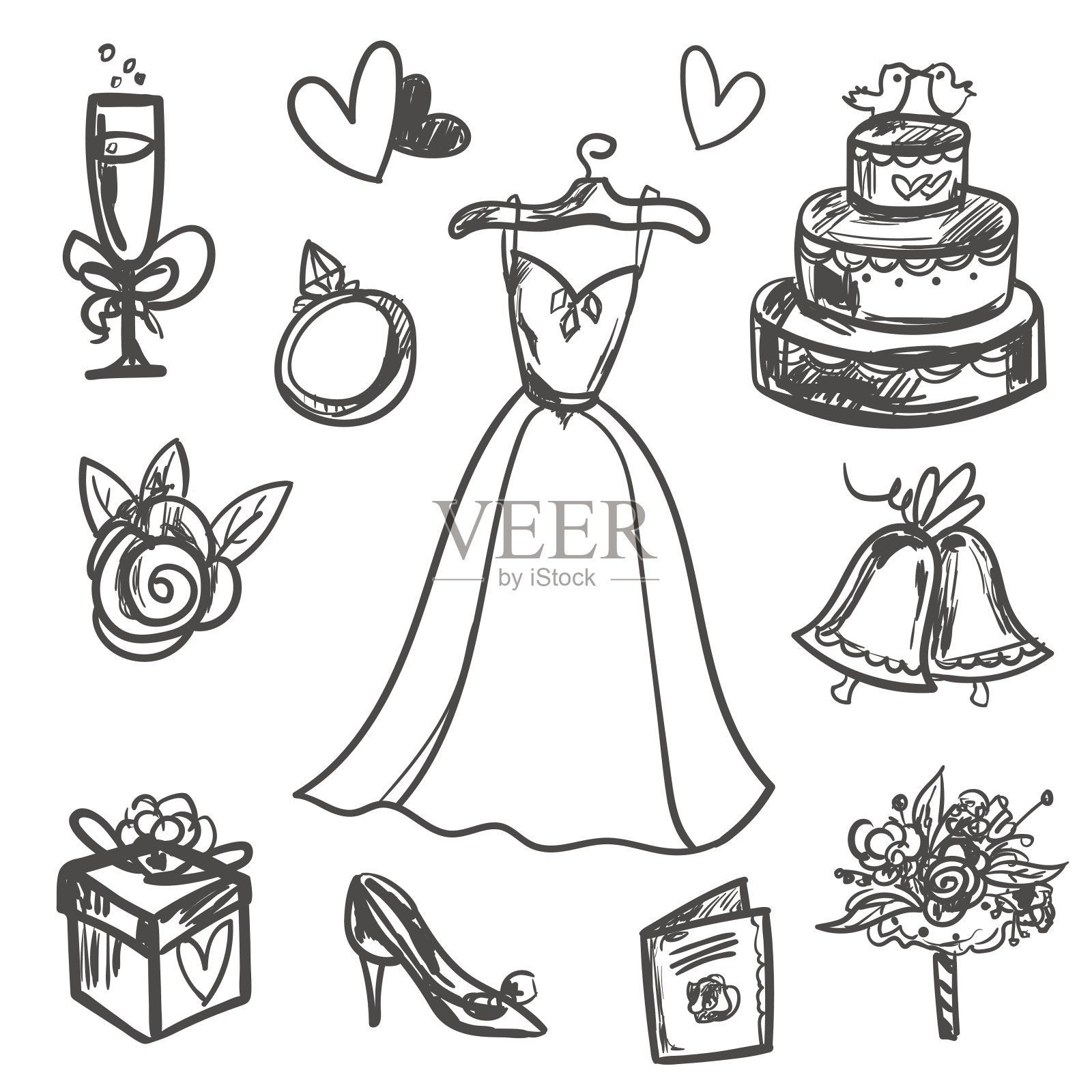 手绘一套婚礼配件。插画图片素材