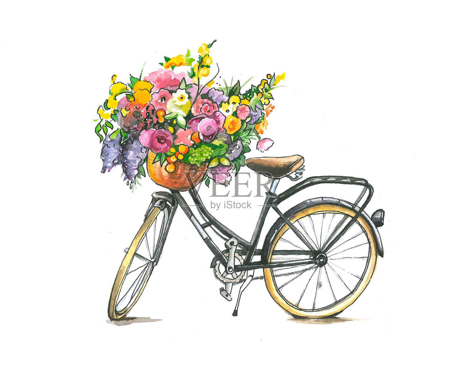 水彩画自行车与鲜花篮插画图片素材