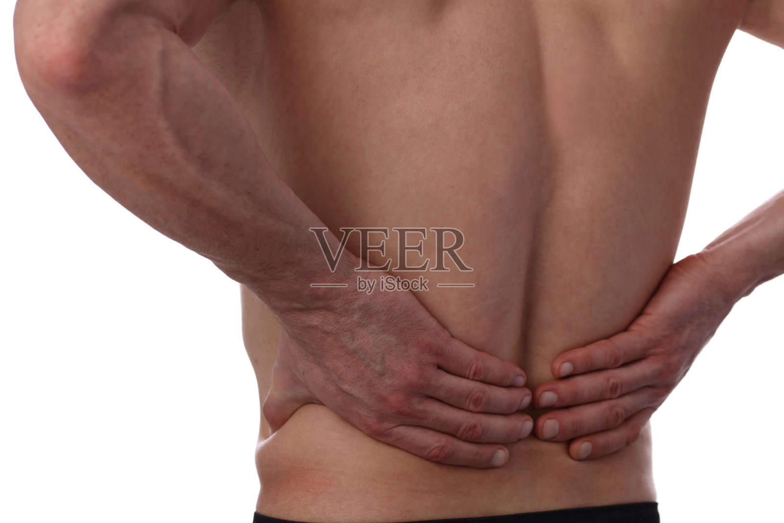 运动受伤，男人背部疼痛。疼痛缓解和保健概念孤立上白。照片摄影图片