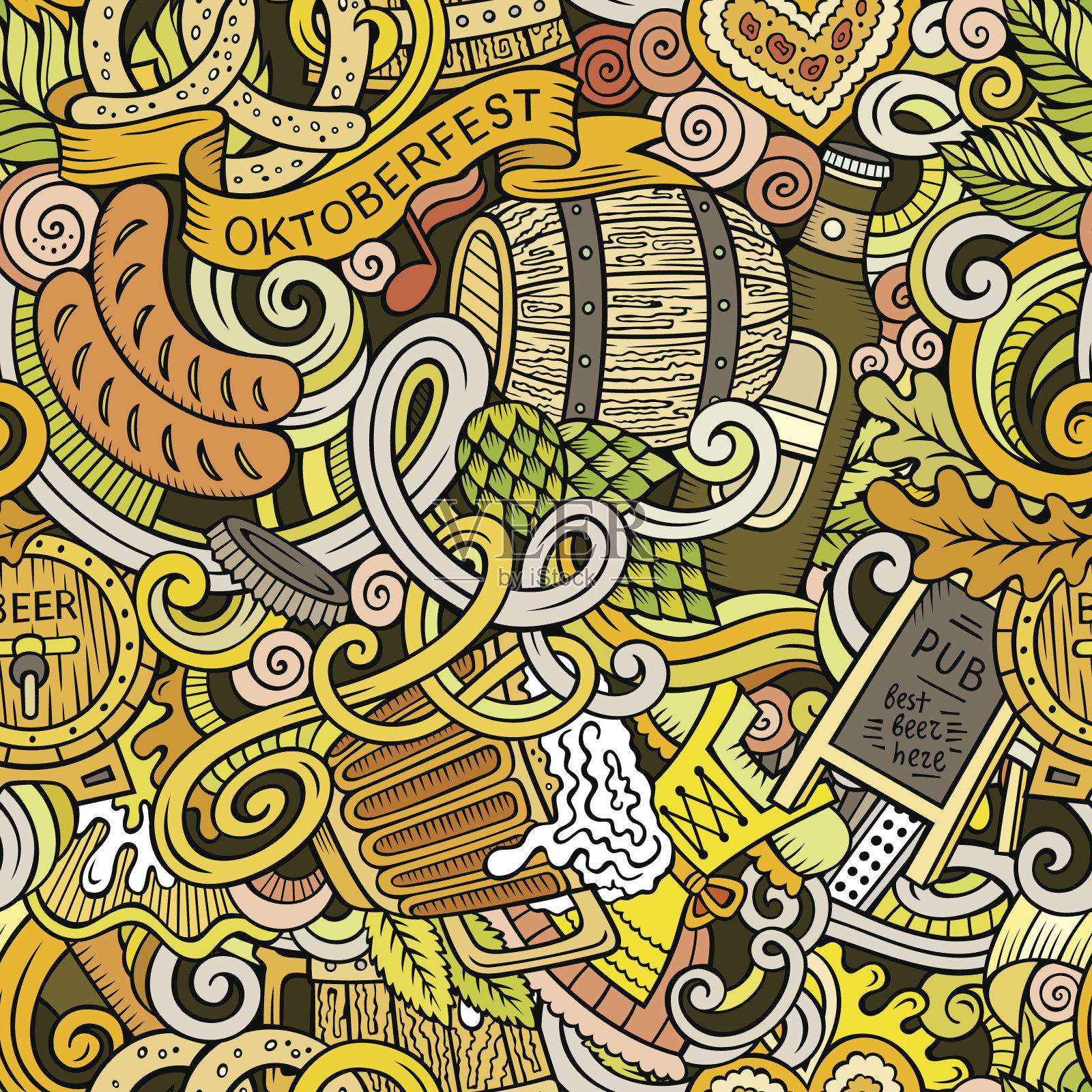 卡通涂鸦啤酒节无缝图案插画图片素材