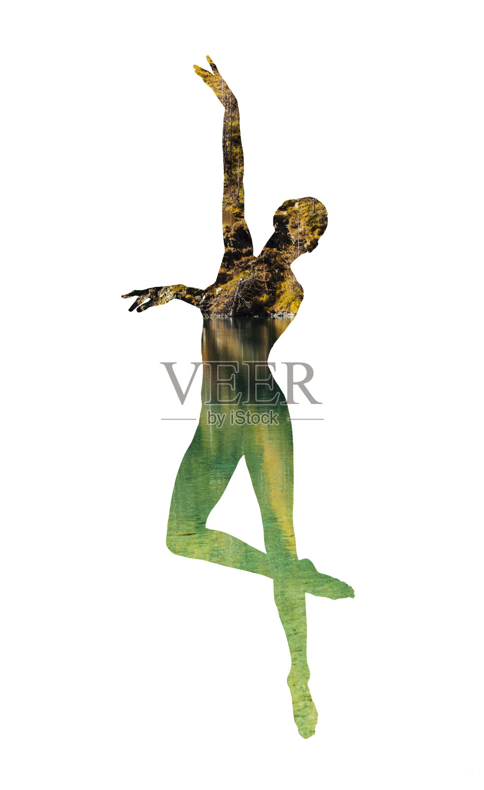 古典舞者和山湖的双重曝光照片摄影图片